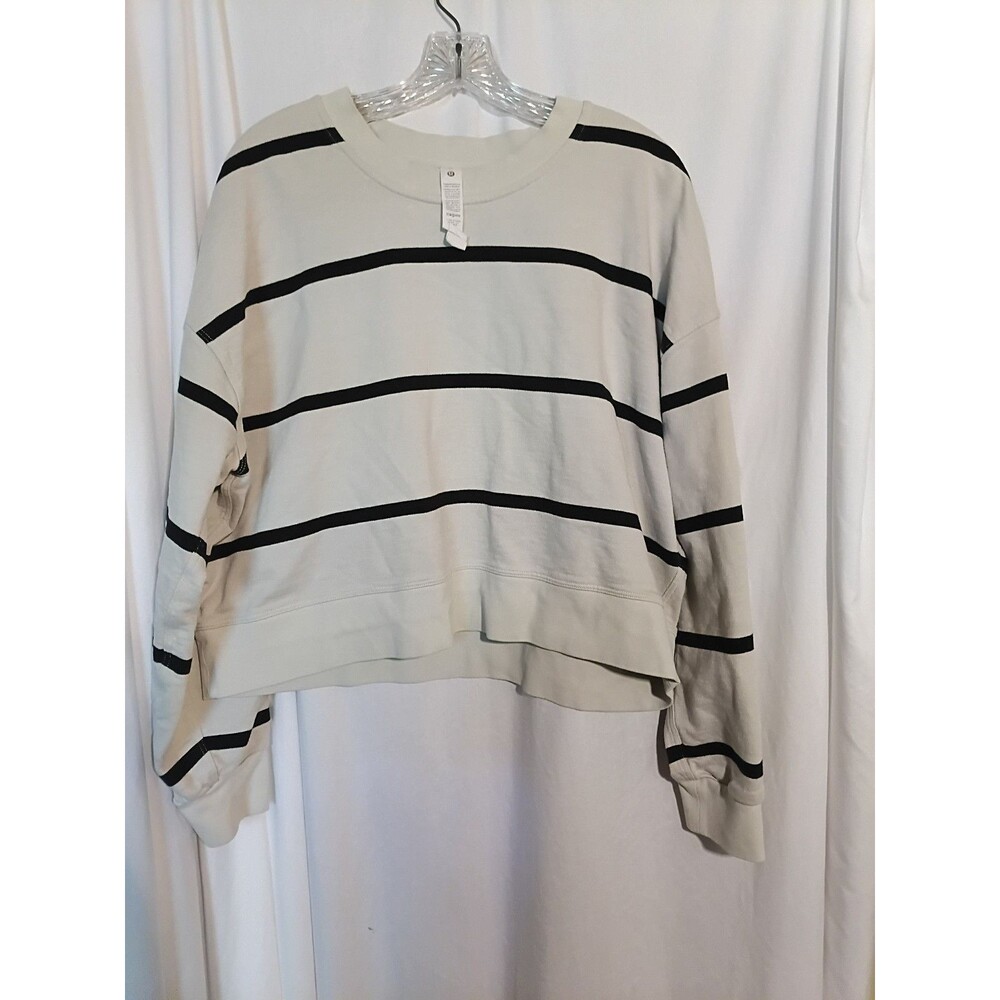 Lululemon Perfectly Oversized Sz 12 Cropped Crewneck Bone Black Striped Swtshirt